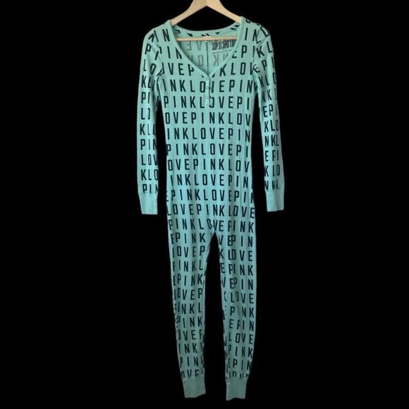 Victoria's Secret PINK Aqua/Black Waffle Knit Love Pink Onesie Sz XS - Picture 2 of 9